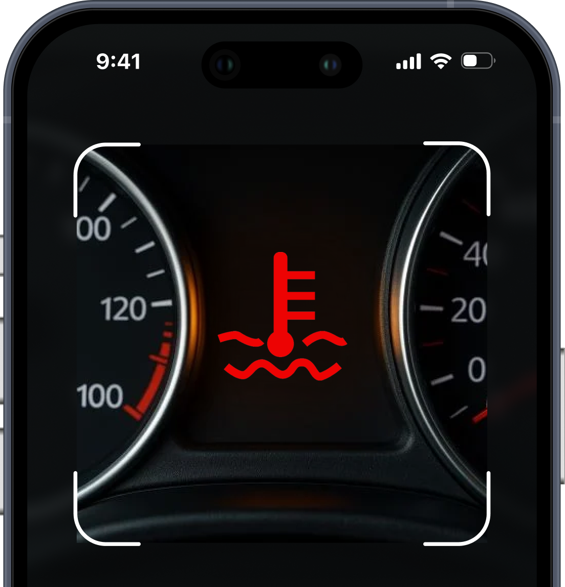 Car dashboard showing an illuminated Coolant Warning Light scanned in CarFix
